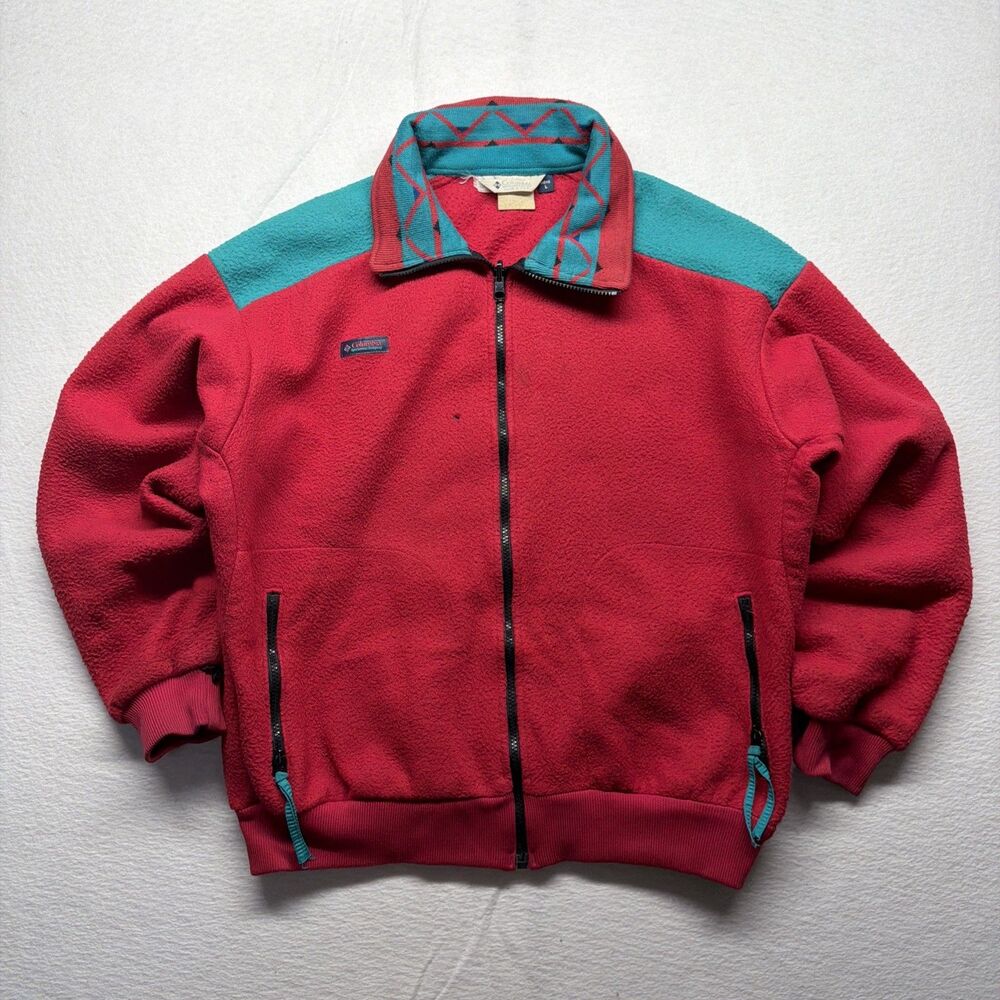 Vintage 80s Columbia Fleece Jacket Red Teal Colorblock Aztec Collar USA Men's Lg